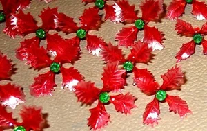 12 Red Holly Poinsettia Green Pin Centers bulbs Vintage Ceramic Christmas Trees - Picture 1 of 2