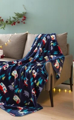 NEW SUPER SOFT COZY PLUSH THROW BLANKET 50" X 60" CAMPER WITH BEARS & TREES BLUE - Image 1 of 4