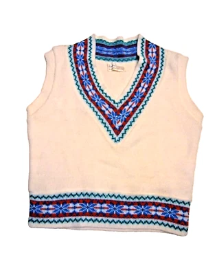Vintage V-neck White Knit Sweater Vest Pullover Nordic Alpine Large - Image 1 of 4