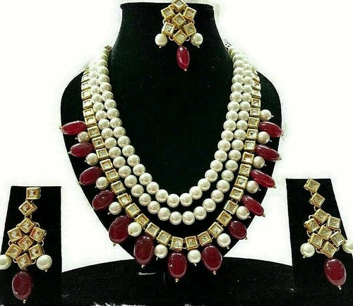 VETEMENTS Set gioielli orecchini collana Kundan perle bianche indiane tono oro Tikka