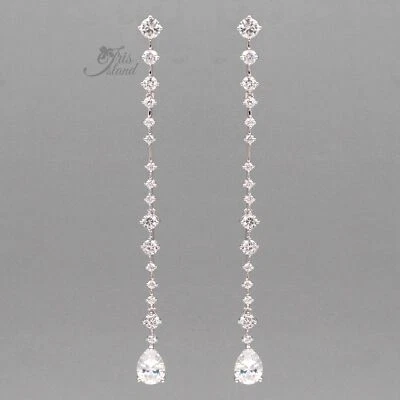 White Gold Plated Clear Cubic Zirconia CZ Fringe Tassel Drop Dangle Earrings 688 - Image 1 of 4