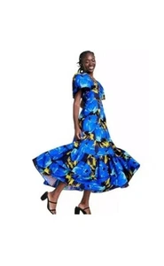 Christopher John Rogers Blue Floral V-Neck Short Sleeve Women's Dress Sz 6 Party - Picture 1 of 1