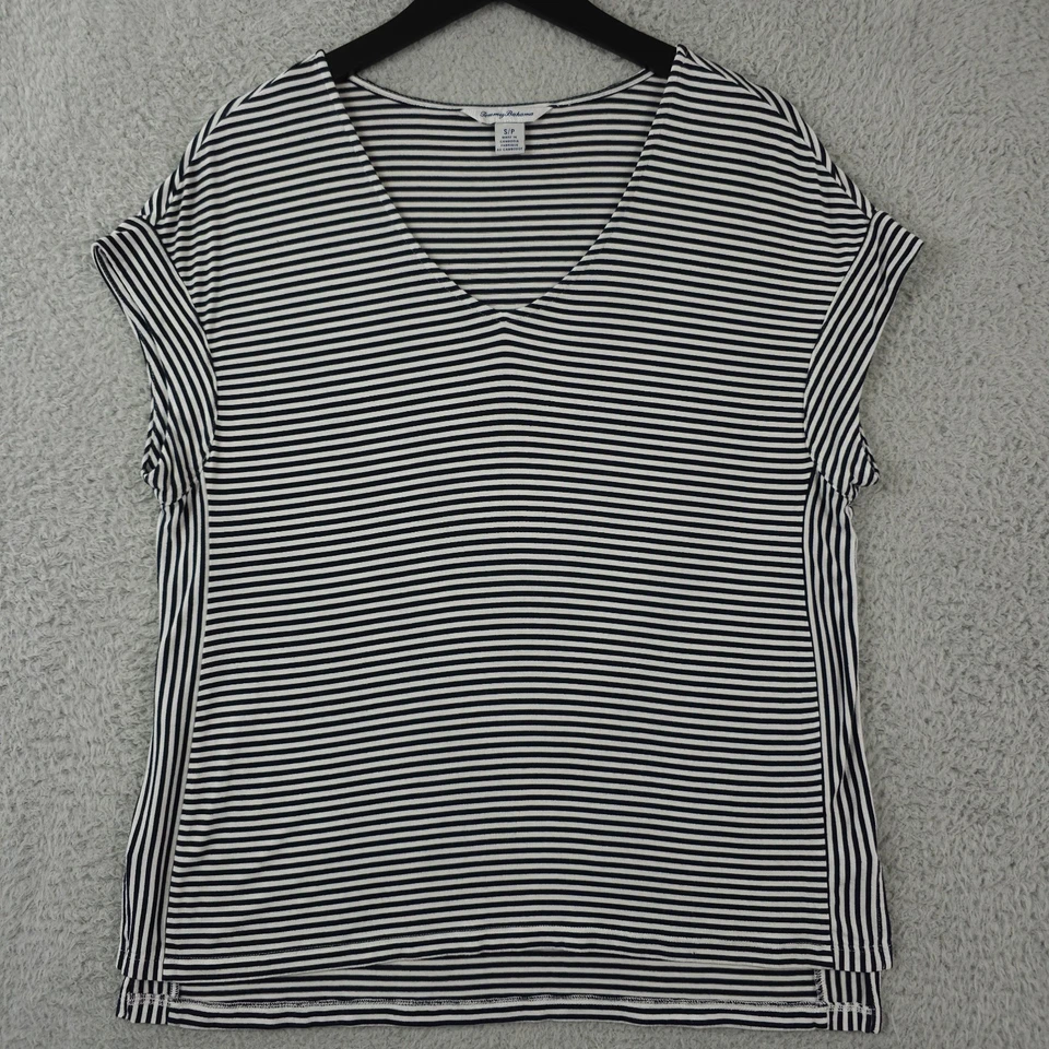 Camisa Tommy Bahama Feminina Pequena Preta Branca Listrada Cássia Manga Cap Casual FLAW - Imagem 1 de 4