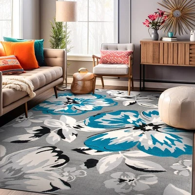 Rugshop Indoor Rugs Modern Floral Design Carpet Contemporary Area Rug Blue 5x7