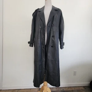 Long Soft Leather Trench Coat Black Phase 2 Double Breast Buttons Lined Size M - Picture 1 of 14