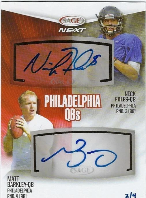 2012 SAGE AUTOGRAPH  RC NICK FOLES /MATT BARKLEY #2/4 nrmt-mt or bet - Image 1 of 1