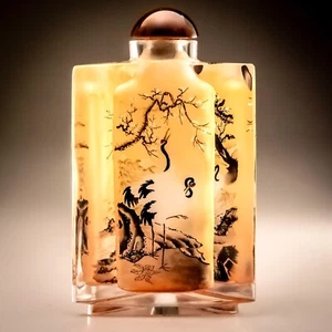 Botella de tabaco china de vidrio pintado al revés triangular vintage + estuche longevidad - Imagen 1 de 15