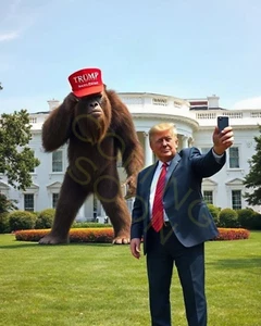 Sasquatch Big Foot y Donald Trump tomándose una selfie en la Casa Blanca Yeti 8x10 - Imagen 1 de 2