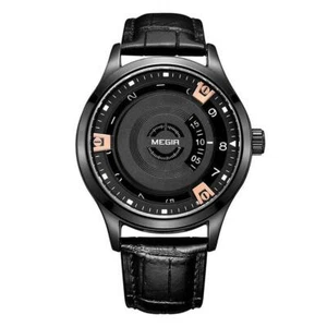 Reloj inteligente analógico de cuarzo redondo para hombre Megir negro oro rosa cuero - Imagen 1 de 13