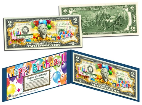 HAPPY BIRTHDAY Colorized Legal Tender Genuine U.S. $2 Bill with Display & COA Cover