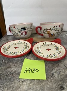 TEMP-TATIONS Winter Whimsy Snowman 22oz SOUP MEAL MUGS w/LID IT TRAY 4Pc RARE - Picture 1 of 17