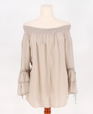 NUEVO CON ETIQUETAS TEMPO PARIS Túnica Calada Viscosa Seda Fuera del Hombro Beige Marrón Talla S Foto 1 de 4