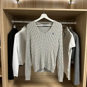 Polo Ralph Lauren Womens Cable-Knit Jumper Size M Grey V-Neck Sweater - Picture 1 of 6
