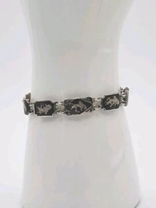 Brazalete Zodiaco Esmalte Negro Eslabón Panel Siam Plata Esterlina Años 40 De Colección - Imagen 1 de 15
