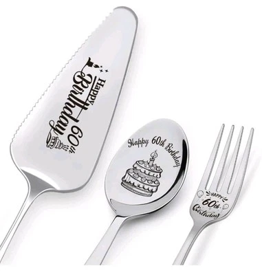 Feliz 60 cumpleaños personalizado grabado láser acero inoxidable utensilio de cumpleaños Foto 1 de 4