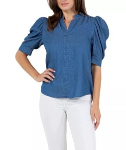 Fever Women's Ruched Sleeve Stand collar Chambray Top Size M - Picture 1 of 6