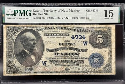 1882 $5 TERRITORY OF NEW MEXICO RATON NATIONAL BANK NOTE PMG15 CH# 4734 11XXXED2 - Image 1 of 2