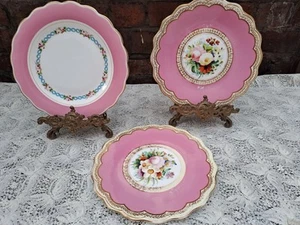 3 x Antique English porcelain pink hand painted floral plates - Picture 1 of 15