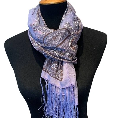 Nueva bufanda de moda ligera transparente con flecos brillantes plateados de cachemira floral púrpura Foto 1 de 3