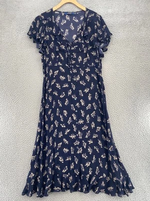 Vestido Polo Ralph Lauren Para Mujer 10 Azul Marino Floral Seda Camisa Volantes Borde Con Botones Foto 1 de 4