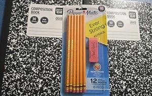 Lot 2 Black Marbled Composition W Notebooks 12 Paper Mate Ever Strong #2 Pencils - Picture 1 of 2