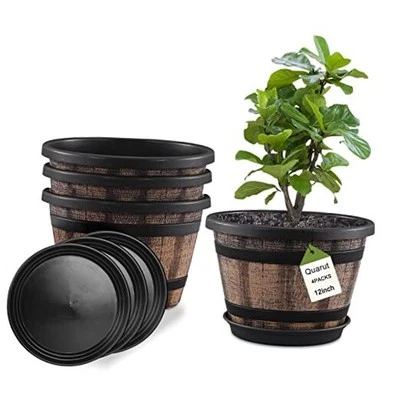  Juego de 4 macetas para plantas paquete de 12 pulgadas, macetas grandes de barril de whisky con 12 pulgadas Foto 1 de 4