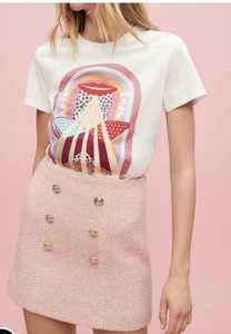 Maje Josilar Pink Tweed A Line Mini Skirt with Gold Buttons Size EU 40 NWT - Picture 1 of 14