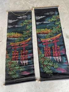 Vintage Japanese Black Velvet Kyoto Kinakuji Temple Painting Scroll 38” x 14 ½” - Picture 1 of 6