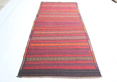 3'6x7'6 ft Antique Soumak Rug, Afghan Handwoven Kilim Rug, Red Kitchen Area Rug - Image 1 of 4