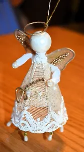 LACE and FAUX PEARL CHRISTMAS ANGEL ORNAMENT - 4" HIGH - CHRISTMAS TREE or TABLE - Picture 1 of 6
