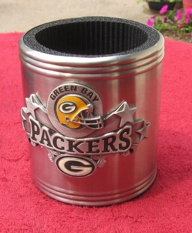 Silver Insulated Green Bay Packers Can Cooler w Medallion Packer Helmet Overlay Cover