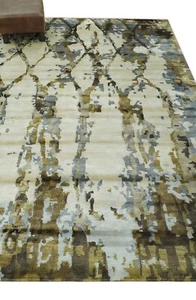 Hand knotted 6X9 Ivory, Olive and Grey abstract Bamboo Silk area rug - DD/OC163 - Picture 1 of 11