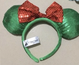 Disney Minnie Mouse Headband Costume Party Sequin Green Ears Red Bow USA SELLER - Picture 1 of 1