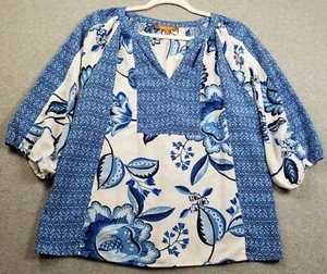 Ellen Tracy Top Women’s Small S Blue White Floral Damask ¾ Sleeves Spring Blouse - Picture 1 of 10