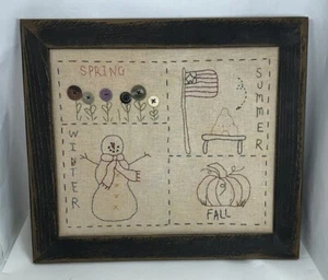 4 Seasons Primitive Embroidery Pattern Black Distressed Frame 13 X 15 Initialled - Picture 1 of 6