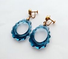 Vintage Translucent Blue Lucite 2in Hoops Gold Tone Screw Back Earrings