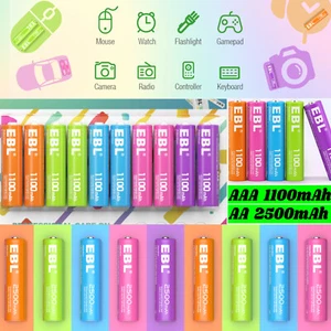 EBL 1.2V AA AAA Rechargeable Batteries 2500mAh 1100mAh Colorful NiMH Battery LOT - Picture 1 of 59