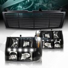 Black Housing DRL LED Head Lights + Grille Fit 99-02 Chevy Silverado 1500 2500