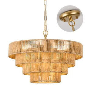 Boho Chandeliers Hand Woven Rattan 4 Round Pendant Light Fixtures Minimalist ... - Picture 1 of 7