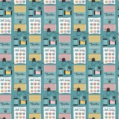 Fat Quarter Poppie Cotton Grannys Sewing Room Notions Button Blue 100% Cotton - Image 1 of 4