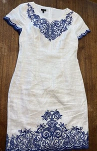 NEW TALBOTS Sheath Dress Linen Size 4 White Blue Laser Cut Embroidery Bohemian - Picture 1 of 10