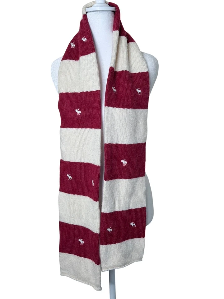 De Colección Abercrombie Bufanda Logo Alce Mezcla de Lana Rojo Rayas Tejido Preppy Invierno Foto 1 de 4