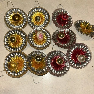 Vtg Franke Christmas Tree Light Reflectors Mercury Bulb Santa Head Gold & Red 11 - Image 1 of 4