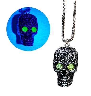 Skull Pendant Necklace with Vintage Uranium Glass Glow Eyes Gothic Glow Jewelry - Image 1 of 4