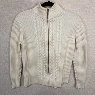 Suéter feminino Lands End malha cabo zíper completo M 10-12 marfim 100% algodão anos 90 - Imagem 1 de 4