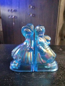 Vintage Iridescent Blue Glass Boy & Girl Bookends Unique - Picture 1 of 6