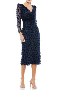 Abito midi Mac Dugal 67856 impreziosito scollo illusione manica taglia 2 ($598) mezzanotte - Foto 1 di 2