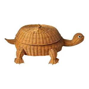 24" Vintage Boho Chic Wicker/ Rattan Turtle Lidded Basket - Picture 1 of 13