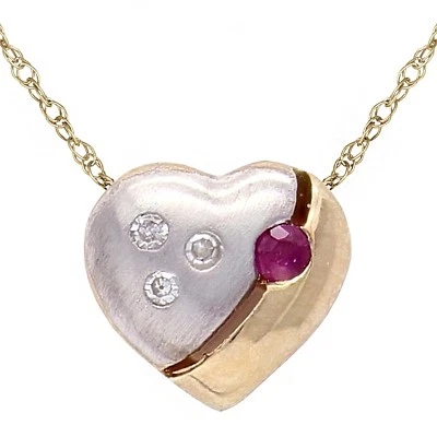 10k Two Tone Gold 18" Necklace with Heart Ruby & Diamonds Charm Round Pendant - Image 1 of 3