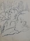 Antique ink drawing gathered men portrait